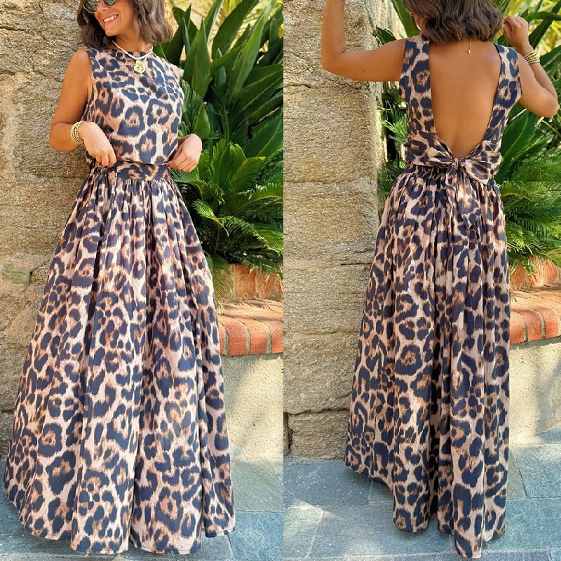 Women's New Fashion Leopard Print Sleeveless Backless Vest High Waist Skirt Two Piece Set Women's Sets