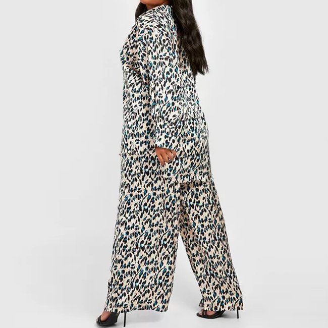 Custom Plus Size All Over Print Loungewear Women Oversized Long Sleeve Satin Shirt and Wide Leg Silk Trousers Set