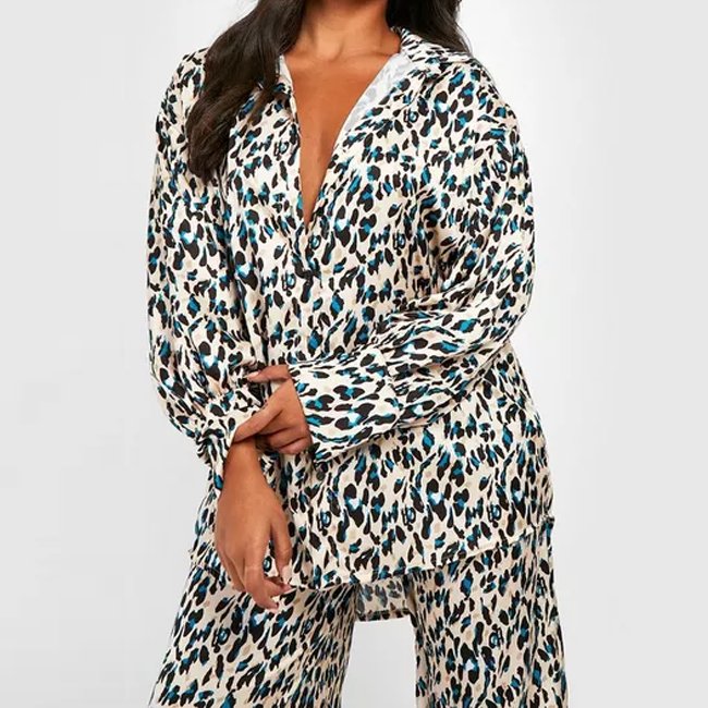 Custom Plus Size All Over Print Loungewear Women Oversized Long Sleeve Satin Shirt and Wide Leg Silk Trousers Set