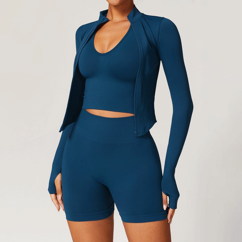 Athleisure wear women's sportswear zipper up fitness jacket halter sports bra gym short seamless leggings workout sets for women