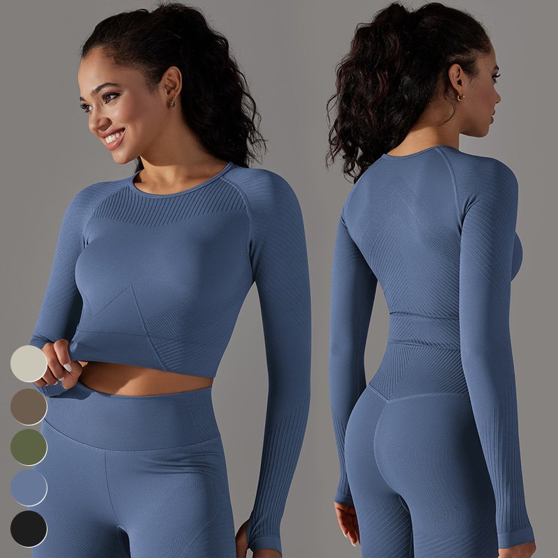 Wholesale Activewear 4 Piece Suit Workout Wear Sports Bra Leggings Long Sleeve Tshirt Gym Fitness Sets Women Seamless Yoga Set