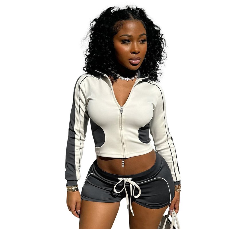 2024 New stand up collar slim fit fitness suit slimming top sports jacket shorts two-piece set