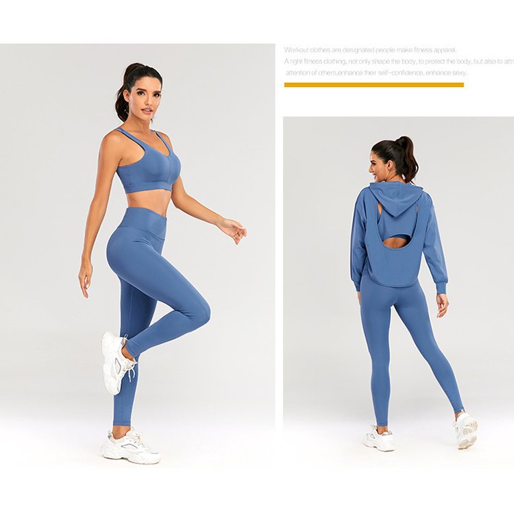 Spring Autumn Winter Classic Solid Color Women Sports Set Bra Leggings Hoodie 3Pieces High Elastic Sports Set