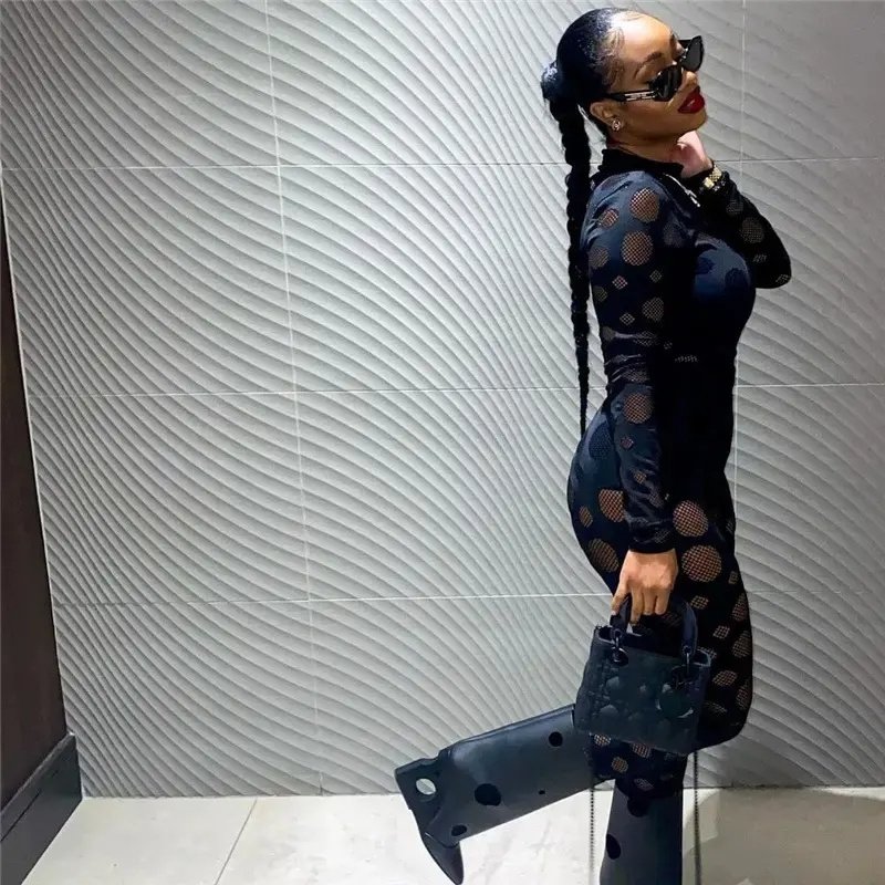 American clothing dropshipping products 2023 new sexy hollow mesh long sleeve solid color high waist women's pants & trousers