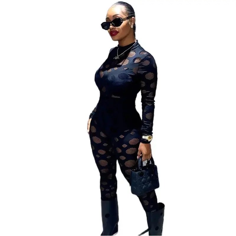 American clothing dropshipping products 2023 new sexy hollow mesh long sleeve solid color high waist women's pants & trousers