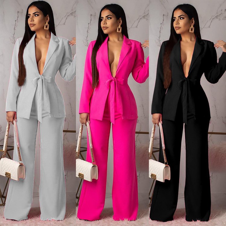 Spring Fall Spot Casual Ladies Clothing Collection Waist Strap Small Suit Fashion Leisure Professional Two Piece Women's Sets
