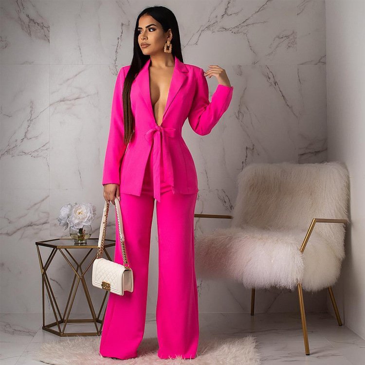Spring Fall Spot Casual Ladies Clothing Collection Waist Strap Small Suit Fashion Leisure Professional Two Piece Women's Sets