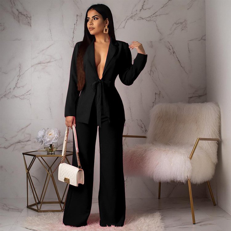 Spring Fall Spot Casual Ladies Clothing Collection Waist Strap Small Suit Fashion Leisure Professional Two Piece Women's Sets