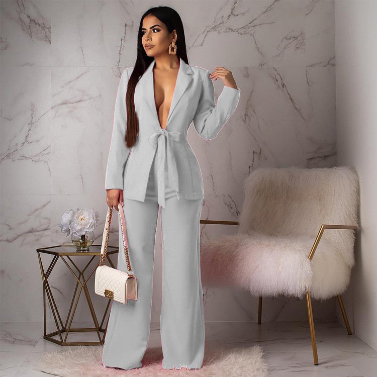 Spring Fall Spot Casual Ladies Clothing Collection Waist Strap Small Suit Fashion Leisure Professional Two Piece Women's Sets