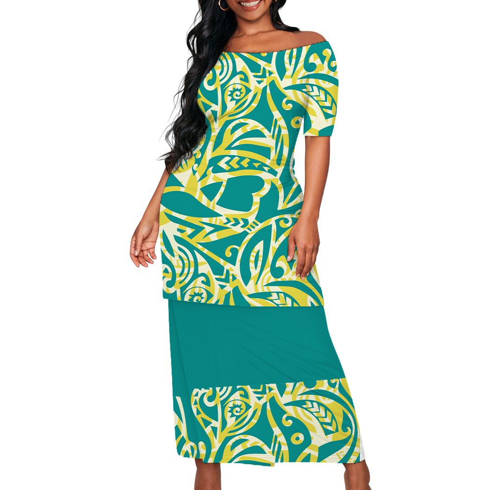 Polynesian Elei Tribal Design Dress Custom Fashion Trendy Casual Women's Short Sleeve Top Wrap Hip Skirt Puletasi