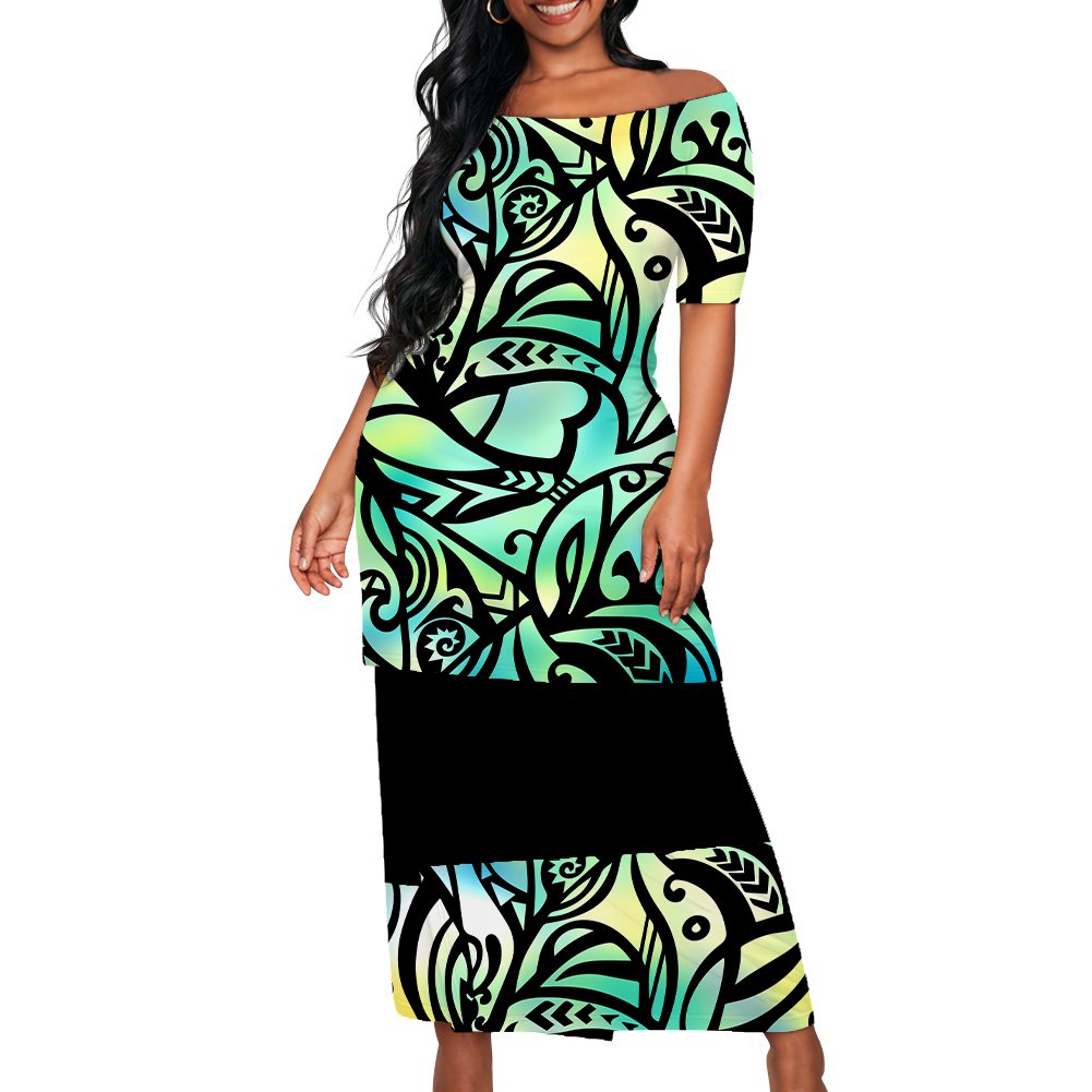 Polynesian Elei Tribal Design Dress Custom Fashion Trendy Casual Women's Short Sleeve Top Wrap Hip Skirt Puletasi