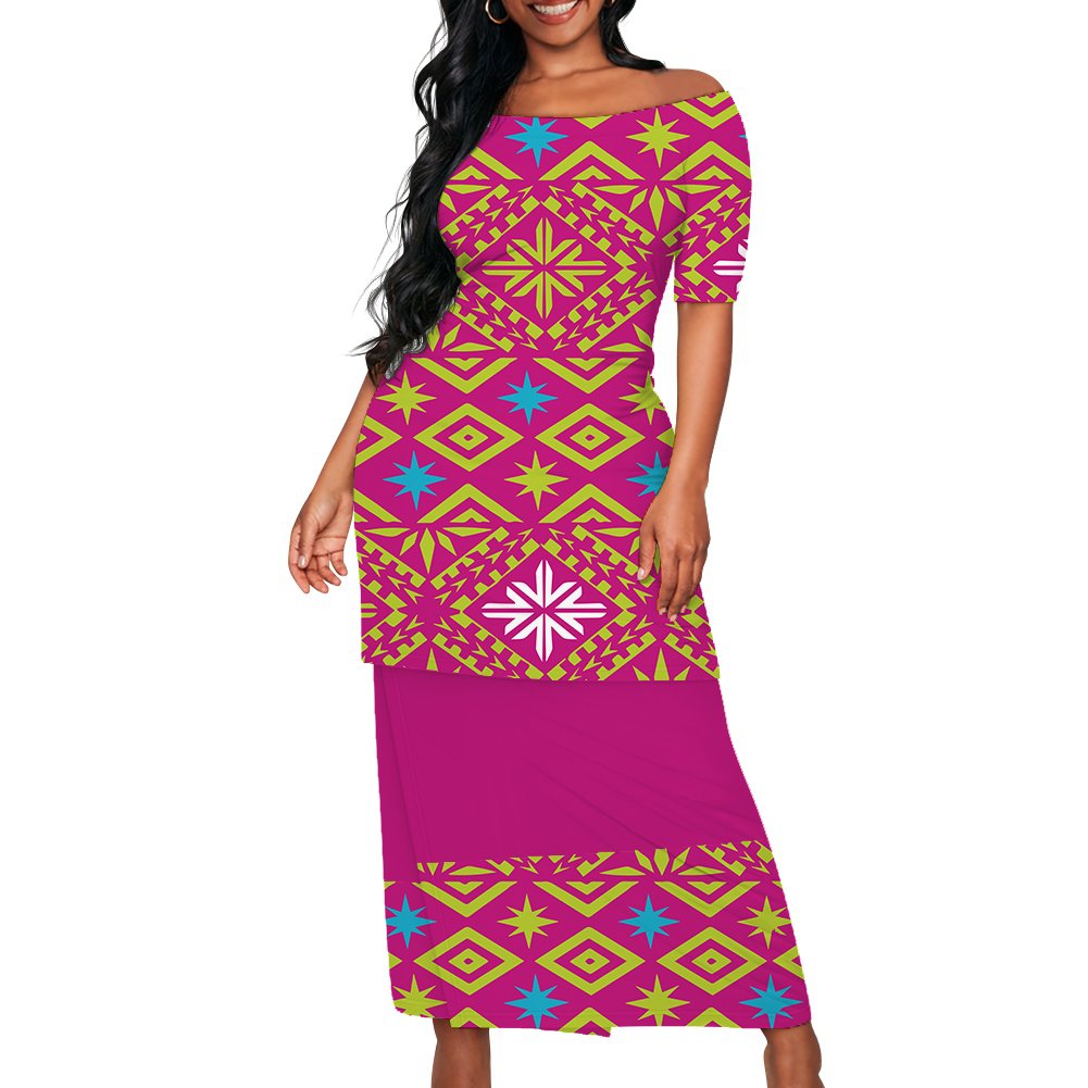Polynesian Elei Tribal Design Dress Custom Fashion Trendy Casual Women's Short Sleeve Top Wrap Hip Skirt Puletasi