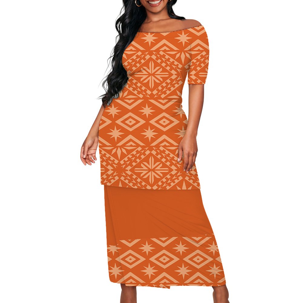 Polynesian Elei Tribal Design Dress Custom Fashion Trendy Casual Women's Short Sleeve Top Wrap Hip Skirt Puletasi