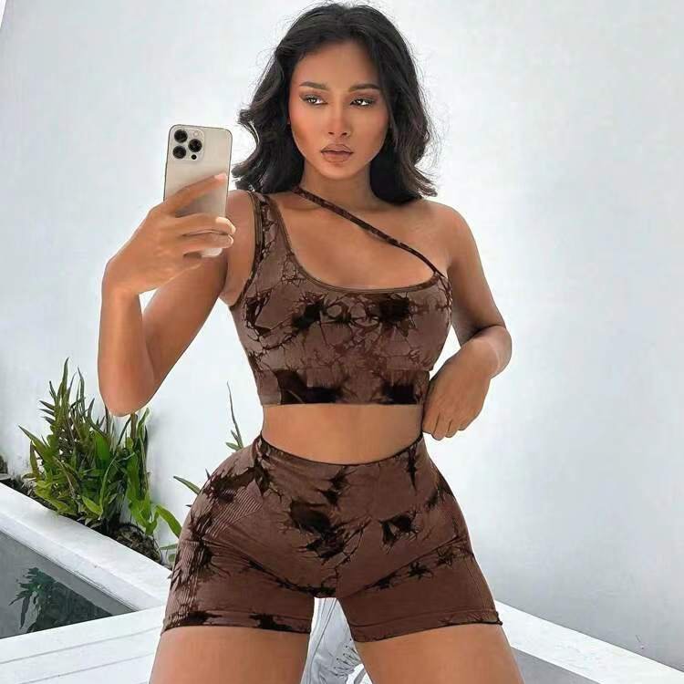 Tie-Dye One Shoulder Sling Bra Seamless Two Piece Set High Waist Scrunch Butt Workout Suits Shorts Gym Set for Women