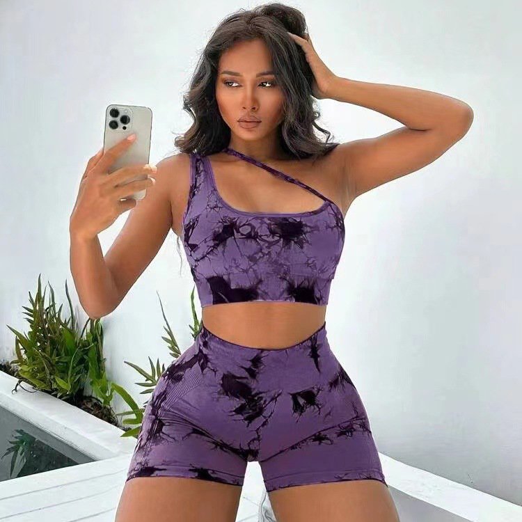 Tie-Dye One Shoulder Sling Bra Seamless Two Piece Set High Waist Scrunch Butt Workout Suits Shorts Gym Set for Women