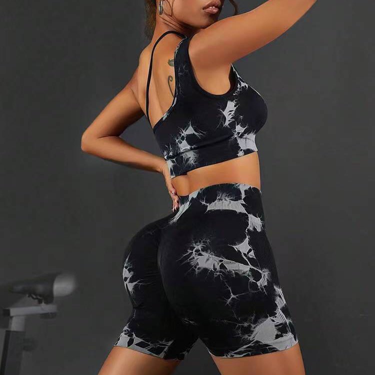 Tie-Dye One Shoulder Sling Bra Seamless Two Piece Set High Waist Scrunch Butt Workout Suits Shorts Gym Set for Women