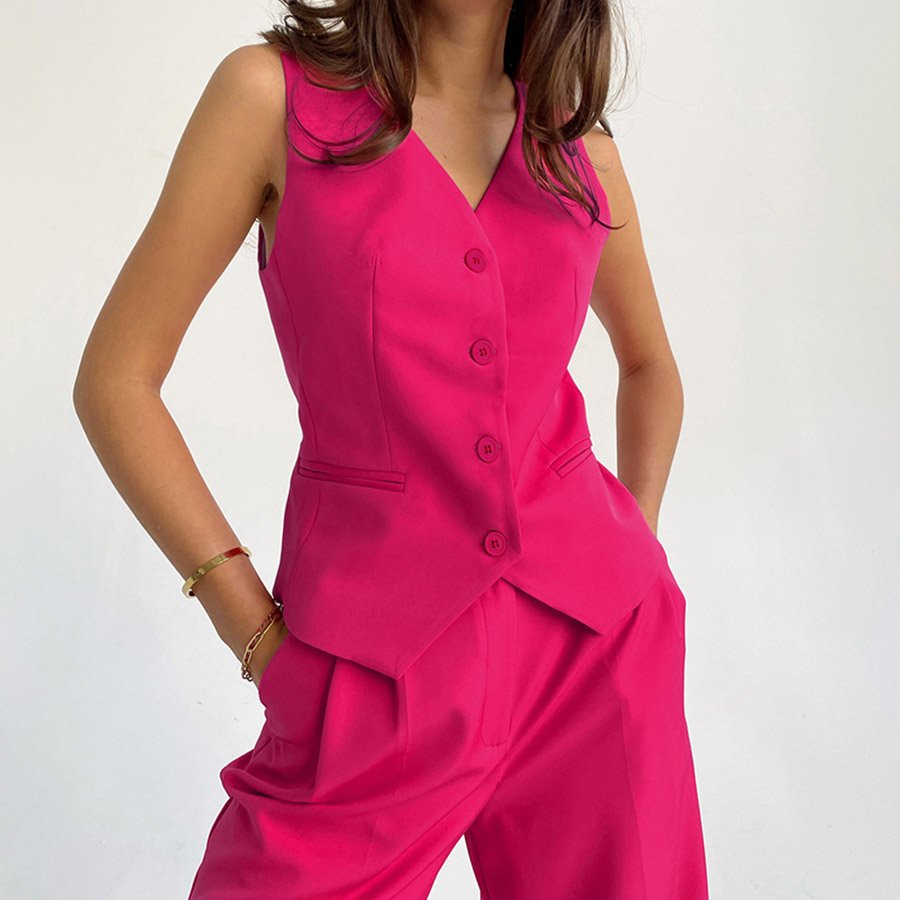 Elegant V-neck Solid Color Vest Sleeveless Fashion Set Long Pants Loose High Waist Suit Wholesale Button Casual Women Summer Top