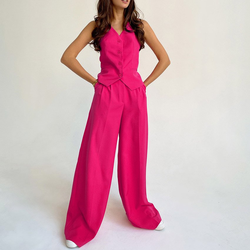 Elegant V-neck Solid Color Vest Sleeveless Fashion Set Long Pants Loose High Waist Suit Wholesale Button Casual Women Summer Top