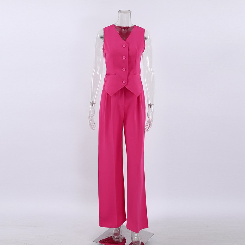 Elegant V-neck Solid Color Vest Sleeveless Fashion Set Long Pants Loose High Waist Suit Wholesale Button Casual Women Summer Top