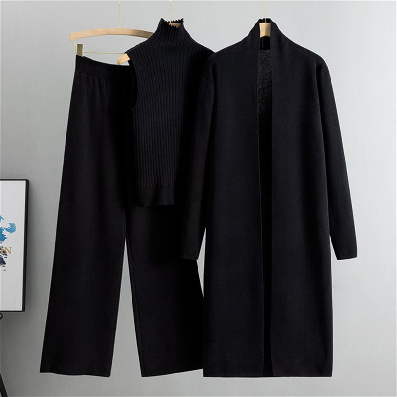 2024 Spring Autumn New Elegant Simple Knitted Set Sleeveless Tank Top+Long Sweater Cardigan+Pants Three piece Sets