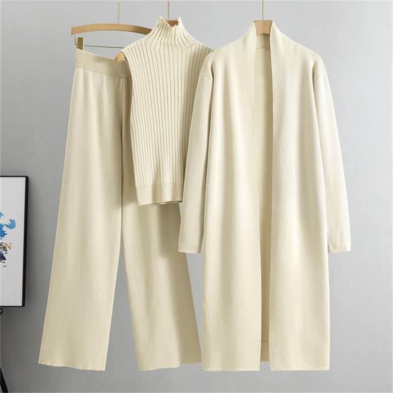 2024 Spring Autumn New Elegant Simple Knitted Set Sleeveless Tank Top+Long Sweater Cardigan+Pants Three piece Sets