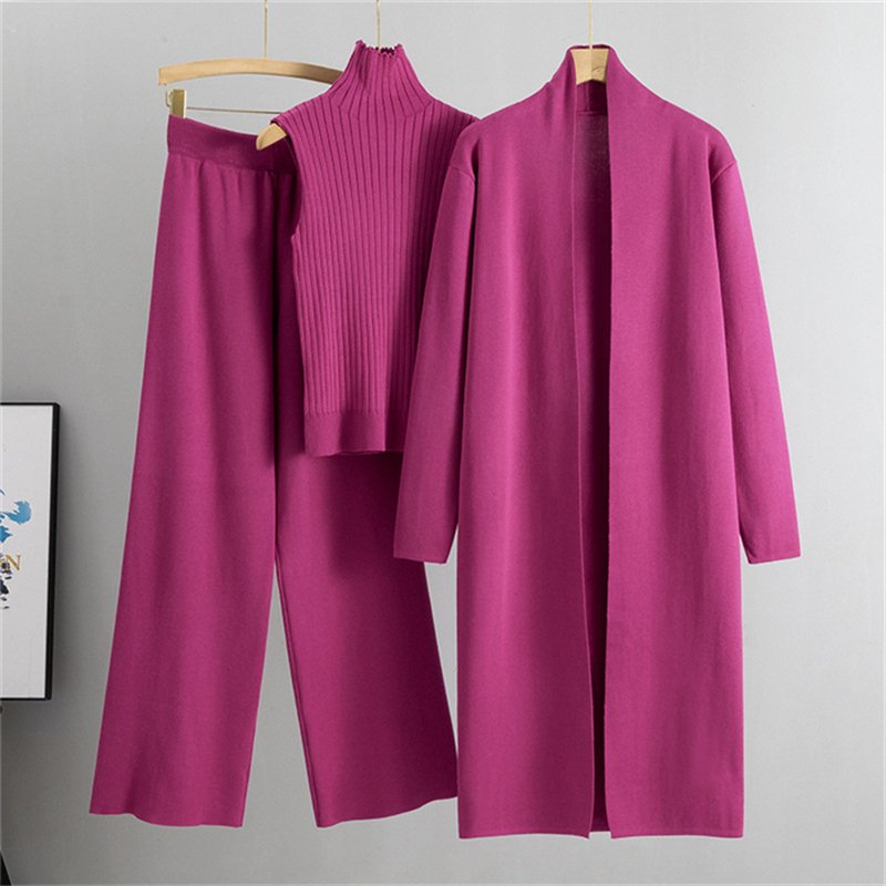 2024 Spring Autumn New Elegant Simple Knitted Set Sleeveless Tank Top+Long Sweater Cardigan+Pants Three piece Sets