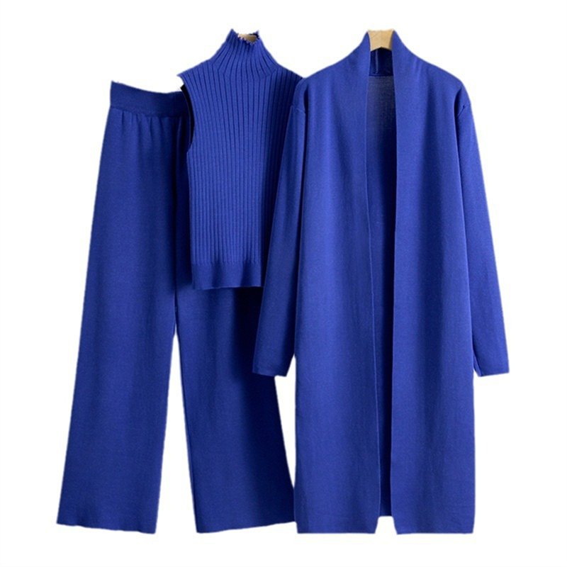 2024 Spring Autumn New Elegant Simple Knitted Set Sleeveless Tank Top+Long Sweater Cardigan+Pants Three piece Sets