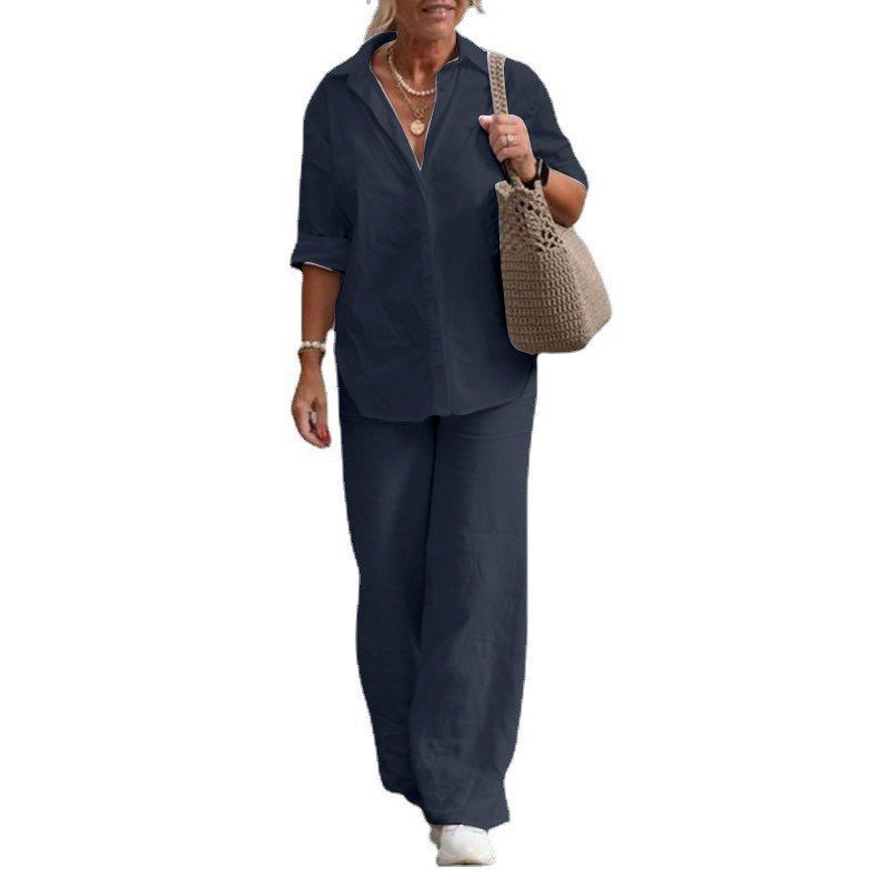 Custom Logo Plus Size Women's Sets Soft Spring Casual Linen Cotton Shirt Blouse Wide Leg Pants Women 2 Two Piece Pants Set