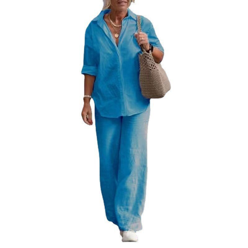 Custom Logo Plus Size Women's Sets Soft Spring Casual Linen Cotton Shirt Blouse Wide Leg Pants Women 2 Two Piece Pants Set