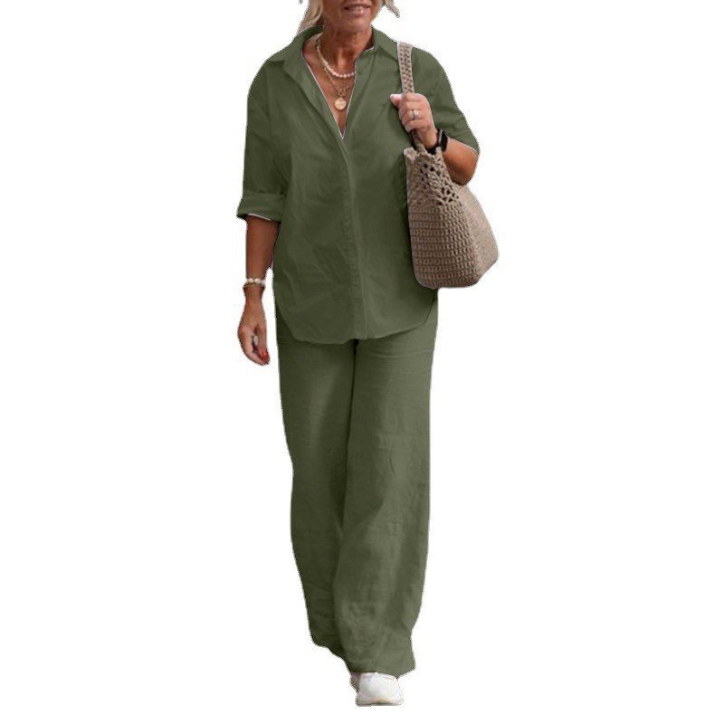 Custom Logo Plus Size Women's Sets Soft Spring Casual Linen Cotton Shirt Blouse Wide Leg Pants Women 2 Two Piece Pants Set