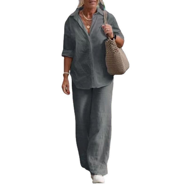 Custom Logo Plus Size Women's Sets Soft Spring Casual Linen Cotton Shirt Blouse Wide Leg Pants Women 2 Two Piece Pants Set