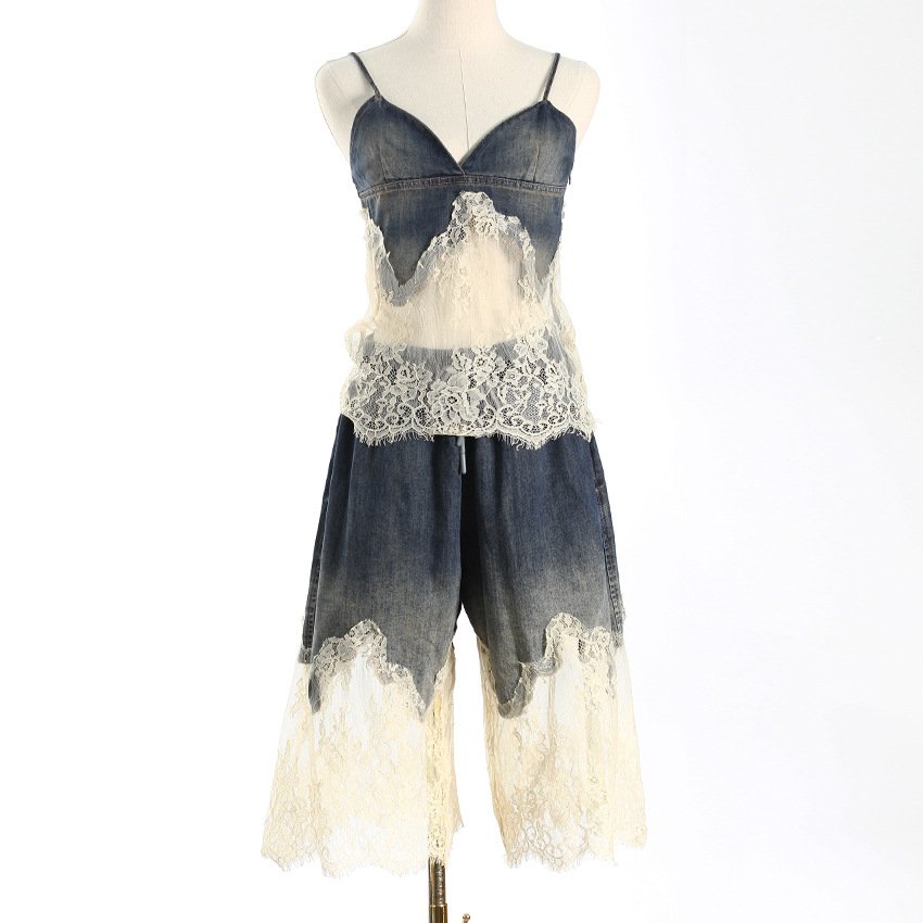 OUDINA New Trend Sets For Women Denim Suspender Shorts 2 Piece Set Ladies Sexy Translucent Lace Splicing Denim Women's sets