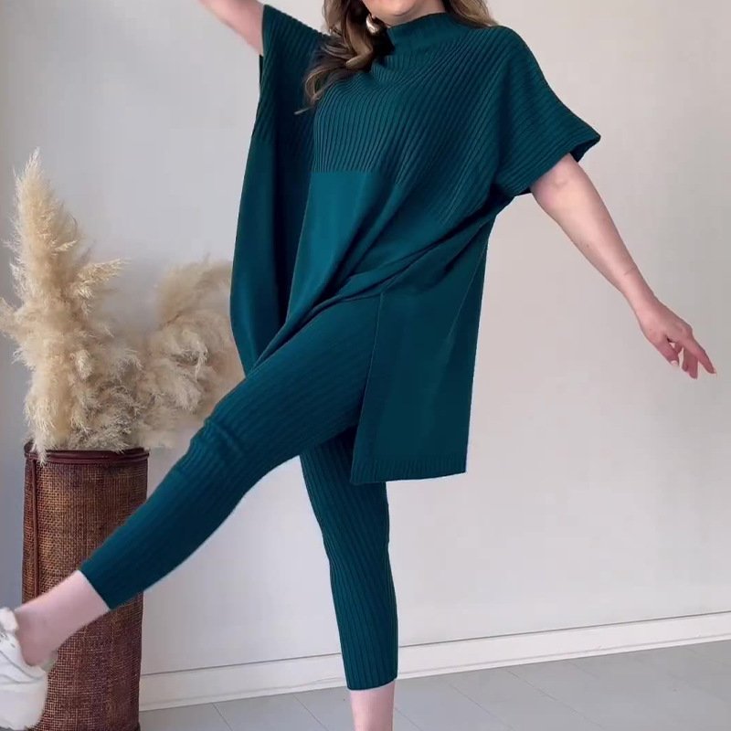 Boutique Wholesale 2024 Autumn New Fashion Round Neck Bat Bat Shirt Large Loose Knitted Shirt Casual Pants Women's Set