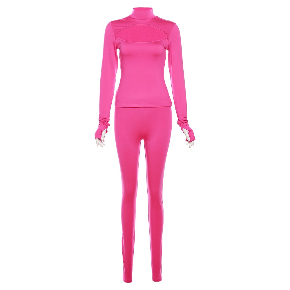 Kliou K23S34568 Autumn Casual Two Pieces Pants Sets Full Sleeve 2 Piece Set Women Solid Cut Out Women's Set
