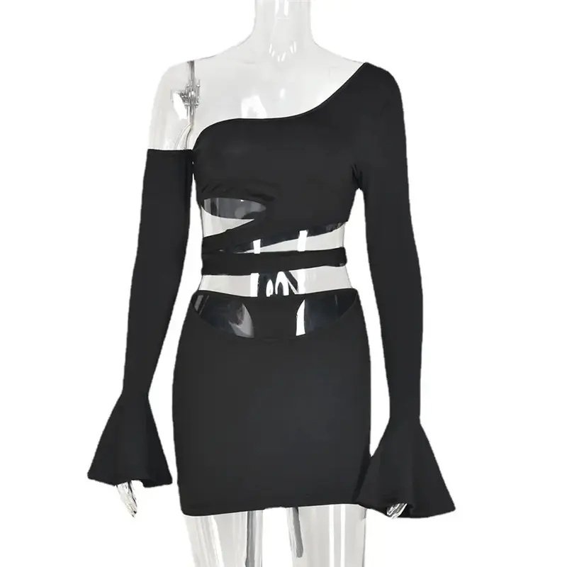 autumn single shoulder horn long sleeves cropped hollow out tied fashion sexy two-piece suit for women