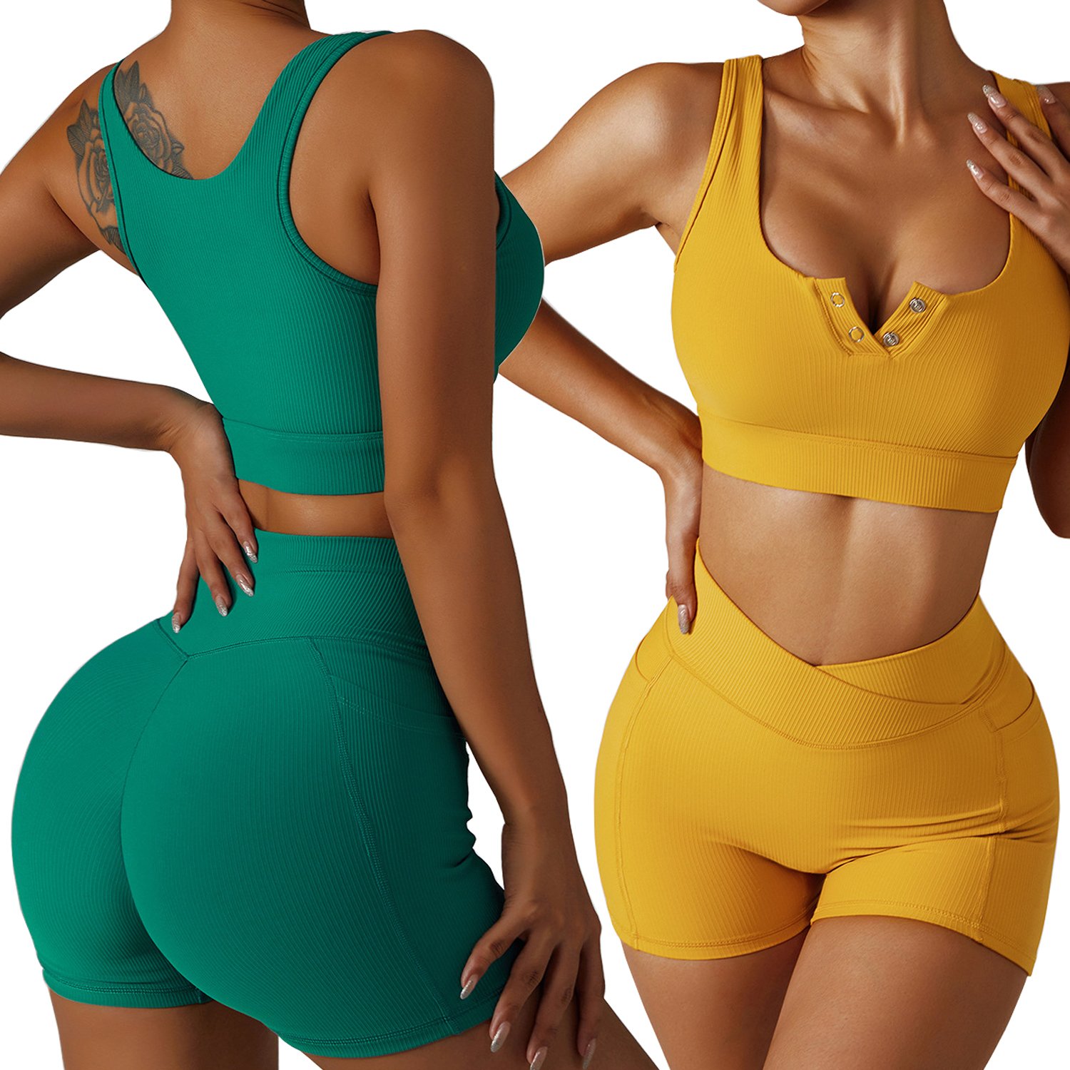 Women's Sports Workout Clothes High Waist Seamless Shorts Fitness Leggings Ribbed Yoga Set