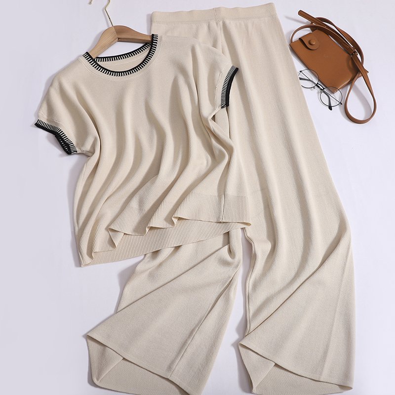 Wholesale 2024 Summer New Item Age Reducing Casual Loose Fashion Short Sleeved Knitted Top Wide Leg Pants Women's Set