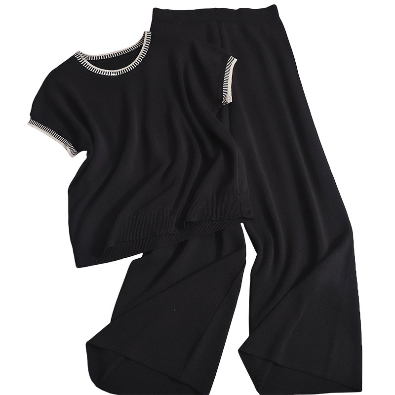 Wholesale 2024 Summer New Item Age Reducing Casual Loose Fashion Short Sleeved Knitted Top Wide Leg Pants Women's Set
