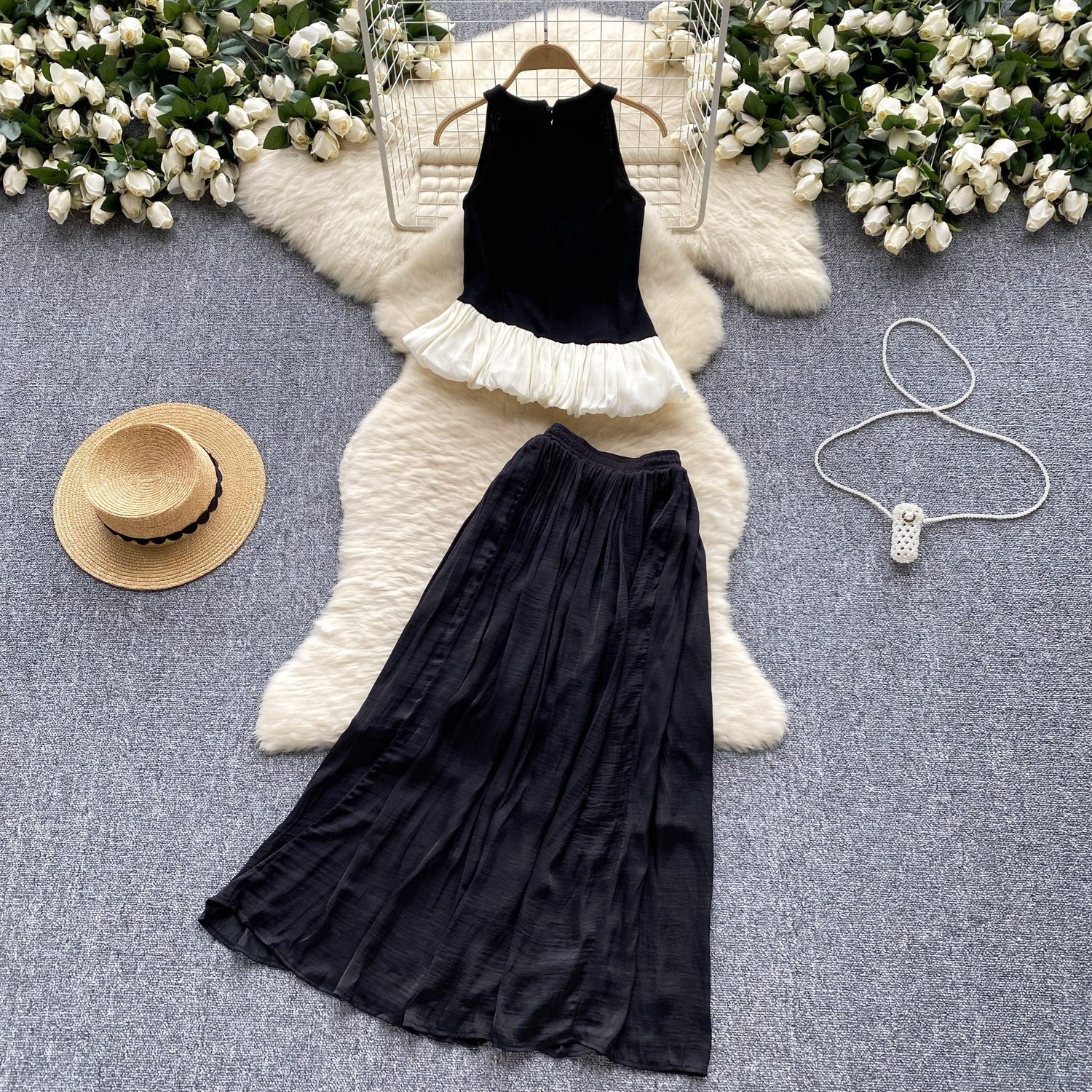 Women's Summer French Ruffle Splicing Irregular Sleeveless Vest Skirt Dress 2 Piece Set