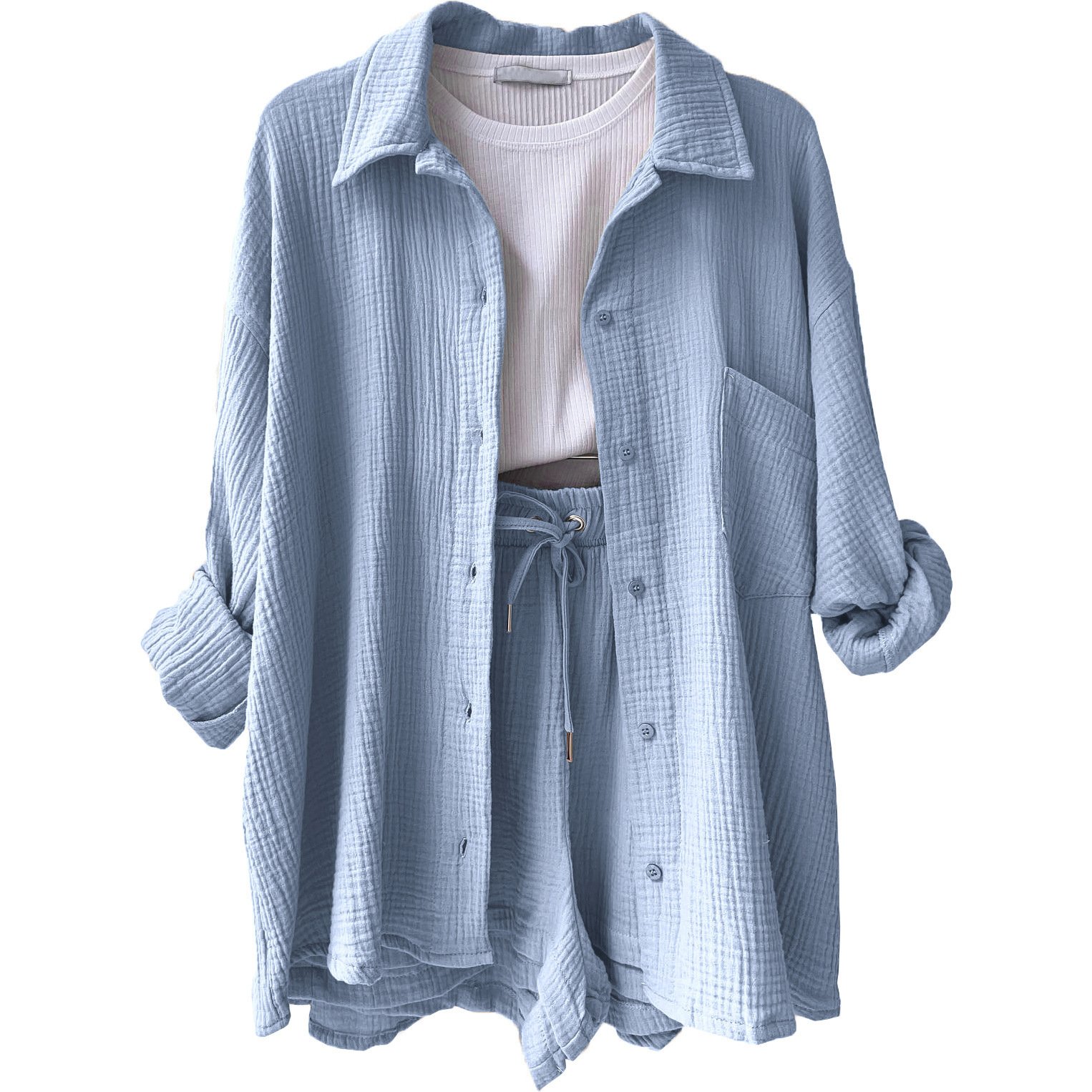 Casual Loose Solid Long-Sleeved Shirt and High-Waisted Drawstring Shorts women's clothing Plus Size Two Pieces set