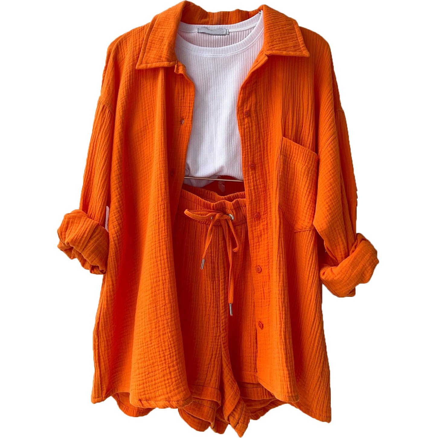 Casual Loose Solid Long-Sleeved Shirt and High-Waisted Drawstring Shorts women's clothing Plus Size Two Pieces set