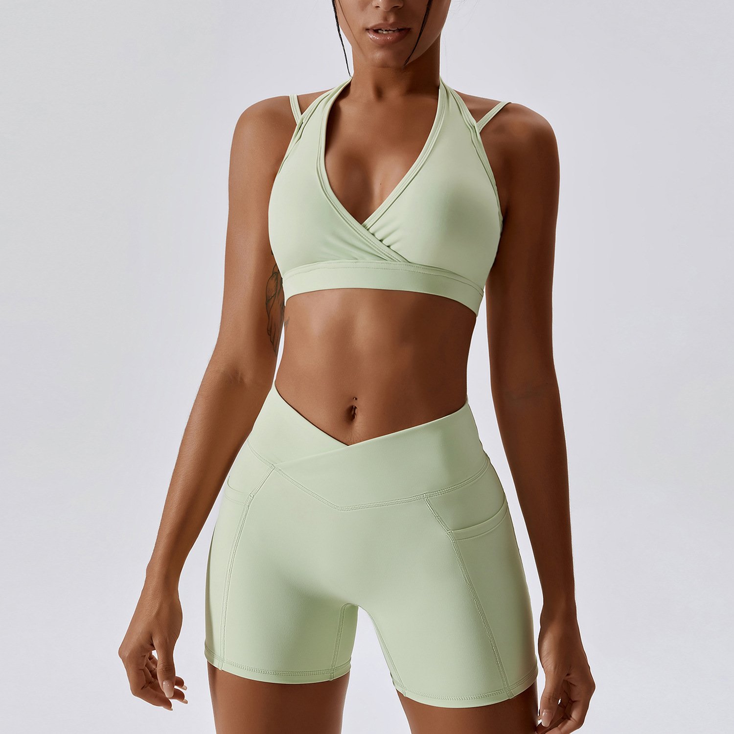2023 New Women Workout Set Fitness Clothing Backless Sports Bra V Waist Scrunch Butt Yoga Shorts Leggings 4 pcs Gym Fitness Set