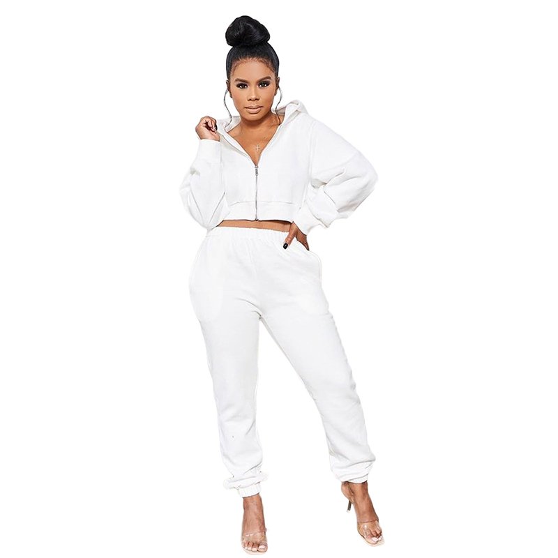 Custom Logo Women's High Quality Casual Clothing Set 100% Polyester Two-Piece Hoodie Pants Crop Top Sweatshirt Solid Pattern