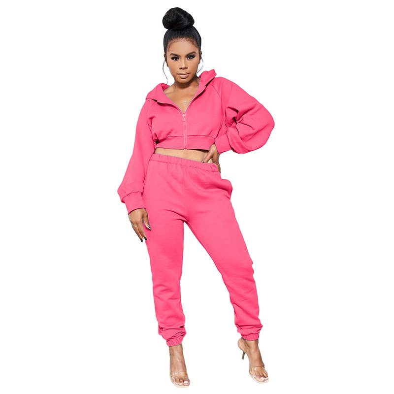 Custom Logo Women's High Quality Casual Clothing Set 100% Polyester Two-Piece Hoodie Pants Crop Top Sweatshirt Solid Pattern