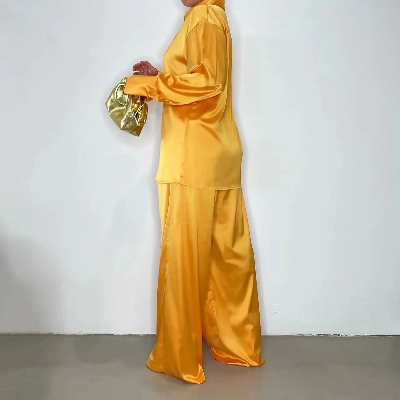 Female Loose Solid Tops Two Pieces Outfits Casual Long Sleeve Shirt Straight Pants Suit 2023 Elegant Satin Women's Matching Sets
