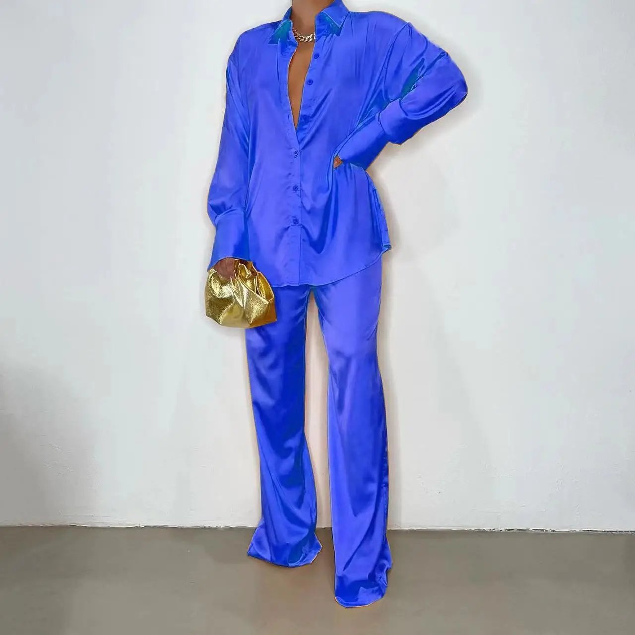 Female Loose Solid Tops Two Pieces Outfits Casual Long Sleeve Shirt Straight Pants Suit 2023 Elegant Satin Women's Matching Sets