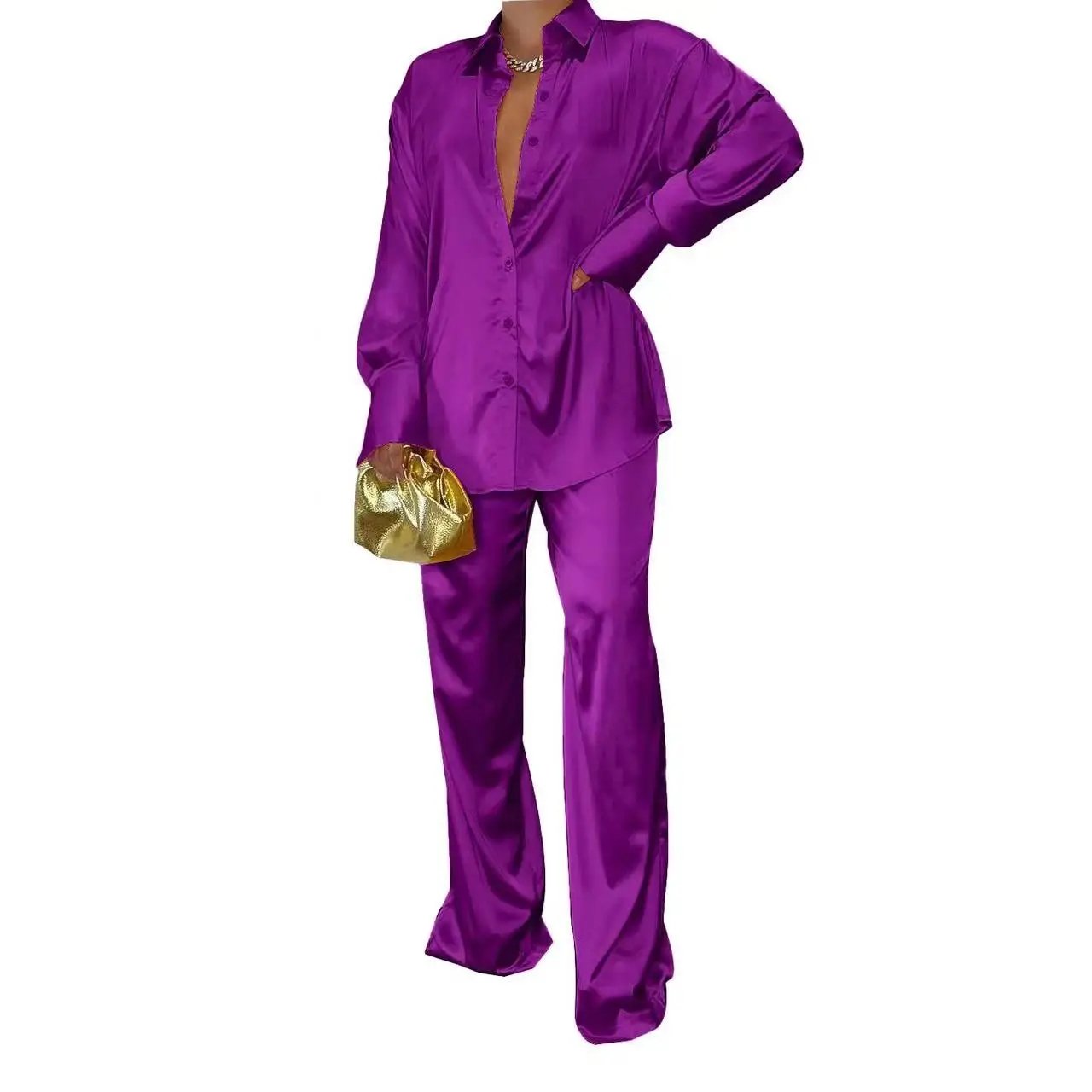 Female Loose Solid Tops Two Pieces Outfits Casual Long Sleeve Shirt Straight Pants Suit 2023 Elegant Satin Women's Matching Sets