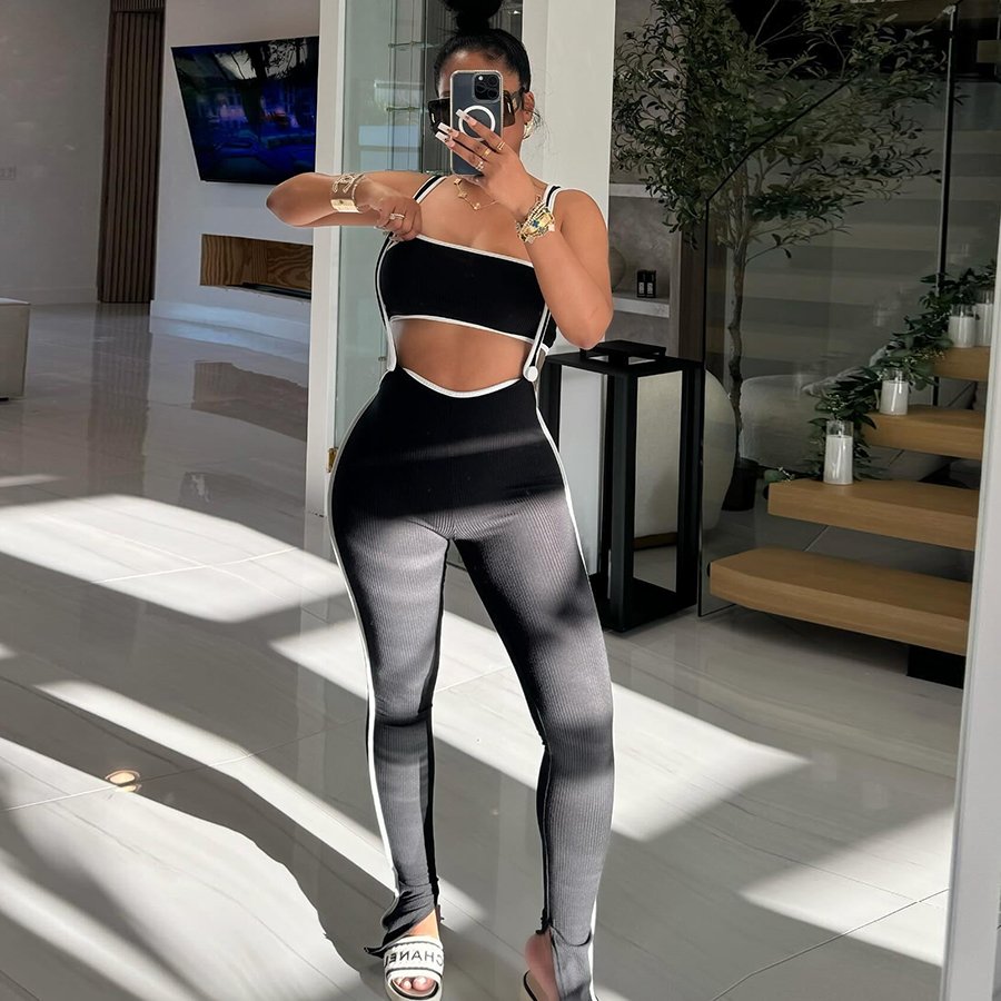 Kliou K24Q47174 New Arrivals Two Pieces Pants Sets Tube Top Color Blocking 2 Piece Set Ribbed Women's Set
