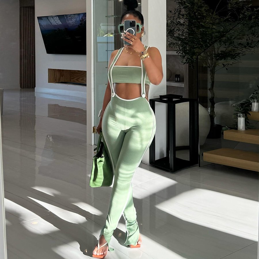 Kliou K24Q47174 New Arrivals Two Pieces Pants Sets Tube Top Color Blocking 2 Piece Set Ribbed Women's Set
