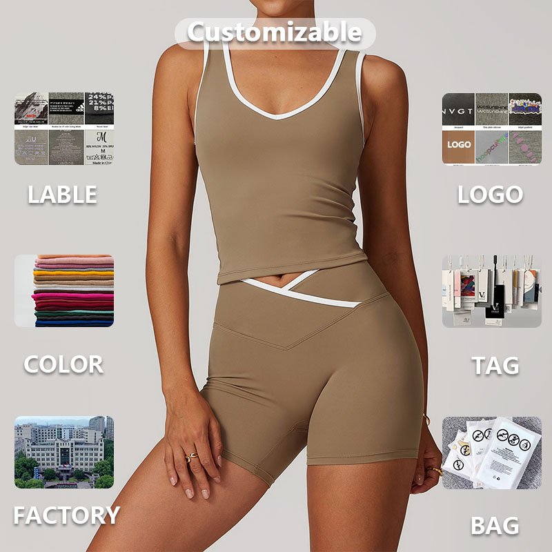 XW-TZ8843-3 2 Pieces V Neck Sleeveless Tank Top Fitness Women's Sets High Waist Cross V Shorts Training Gym Sportswear Yoga Sets